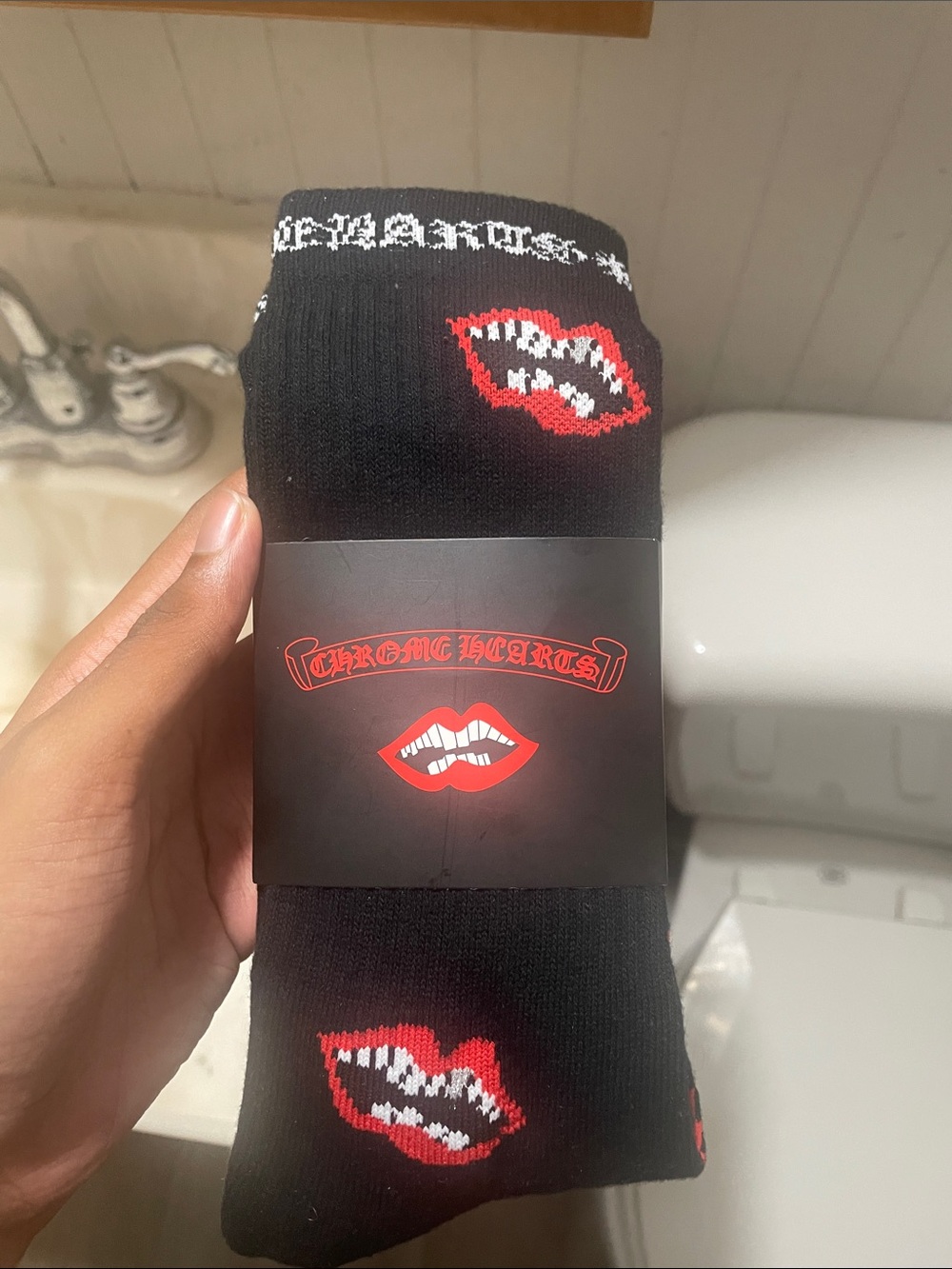 Chrome Hearts Black Crew Socks with Red Lip Logo